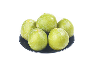 Fresh Green Plums on Black Plate Studio Shot - Ripe Yellow Stone Fruit