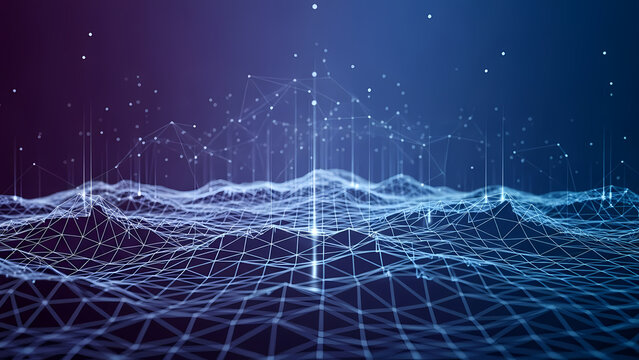 Abstract digital landscape of interconnected data points, representing complex networks and technological advancements in a futuristic environment.