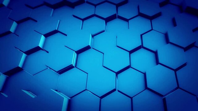 blue hexagon background footage. Slow moving colorful mosaic chaotic animation. Hi-tech top view geometric hexagonal backdrop wallpaper innovation