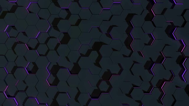 Black hexagonal honeycomb background. Seamless loop 3D render animation wit neon effect. Looped Seamless 3D Animation business technology