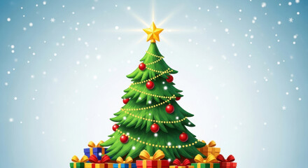 Fototapeta premium Festive Evergreen Decorated with Baubles Gifts and Star Topper on Snowy Backdrop