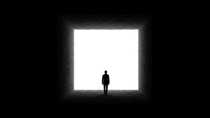 Silhouette figure emerges from darkness into a radiant opening, representing transformation and