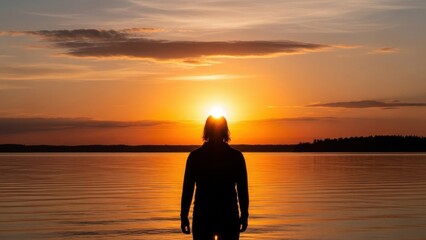 Silhouette embracing sunset glow serenity by the lake golden hour solitude reflection
