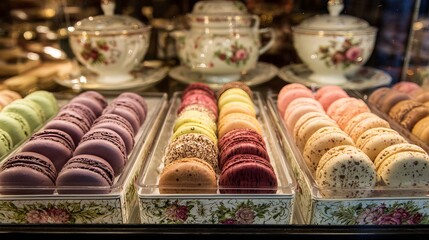 Delicious macarons tempt with vibrant hues and delicate flavors in a bakery window display inviting sweet moments and delightful treats