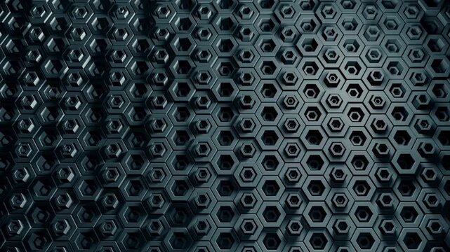 Abstract Hexagon Geometric Surface Loop. Clean minimal hexagonal grid pattern, random lighting motion background canvas in 3d black wall. Seamless