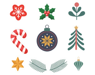 Christmas Icon Set, Festive Ornaments, Candy Cane, Holly and Holiday Decorations.
