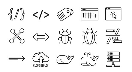 A versatile collection of thin line vector icons representing software development, coding, and web technology