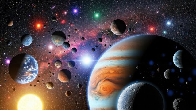 Spectacular interstellar journey showcasing planets nebulae and celestial bodies panorama