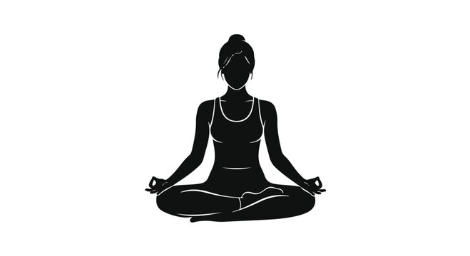 Black silhouette of woman meditating in lotus pose for mental health and wellness design isolated PNG with Transparent Background