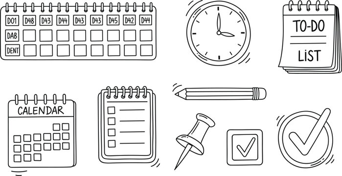 Weekly planner, to-do list, calendar, clock, checklist, productivity tools, time management icons, black line vector illustration