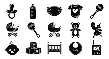 Baby Items Vector Set Pacifier, Bottle, Clothes, Toy & More