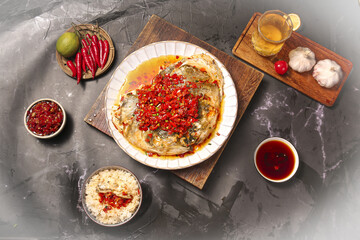 Chinese Steamed Fish Head with Chopped Peppers Traditional Cuisine Appetizers Food Photography