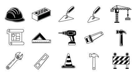 Obraz premium Detailed collection of essential construction and building tools vector icons, perfect for renovation, engineering, and home improvement projects