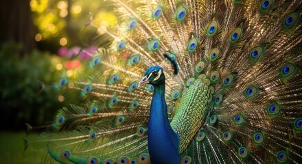 Obraz premium Magnificent peacock displaying its vibrant plumage in a lush garden setting with bokeh lights for