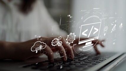 Modern web development concept featuring coding symbols, web development process, web development interface, and web development tools with futuristic design. Muxer