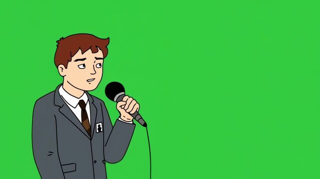 Animated man in suit speaks into a microphone against green screen