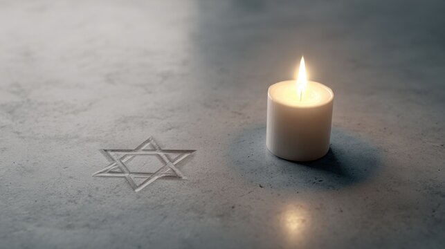 Minimalist memorial scene with a single burning candle on a stone surface, soft light, subtle Star of David symbol in the background, calm respectful mood, high-resolution editorial image