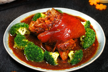 Chinese Braised Pork Knuckle with Soy Sauce and Broccoli