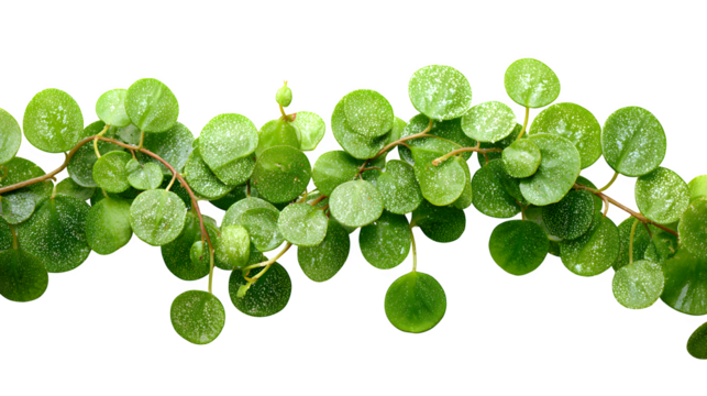 Lush creeping wire vine showcases vibrant green foliage with delicate white speckles against a stark ideal for botanical designs