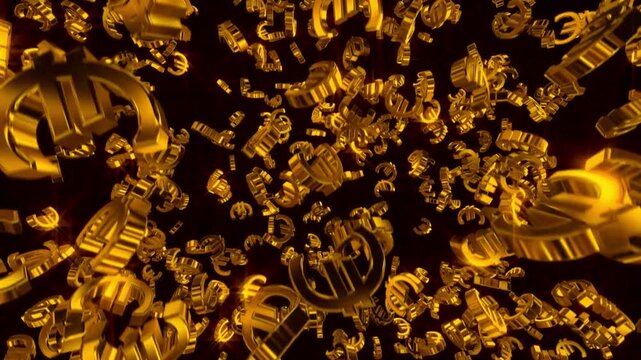 Slow motion shot of golden euro coins raining down, creating a shimmering metallic cascade.
