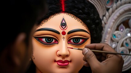 Close up of durga idol face being painted for durga puja festival