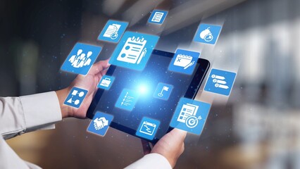 Concept of task management optimizes business efficiency. This system streamlines workflows,...