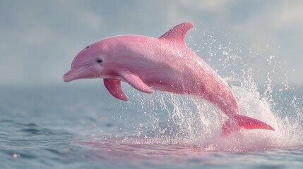 Fototapeta premium Pink dolphin leaping from water marine mammal displaying dynamic action
