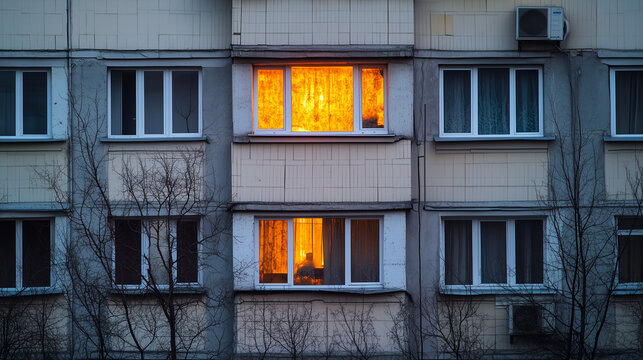 Soviet-style apartment building at dusk with warm orange window lights contrasting cold blue exterior and bare winter trees