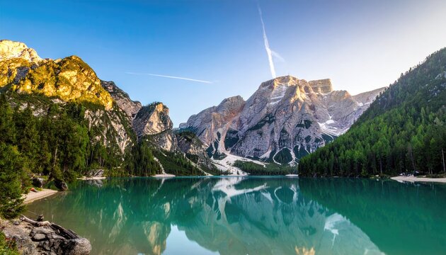 Picturesque Braies Lake in the Italian Dolomites at Sunrise Offering a Serene Mountainscape and