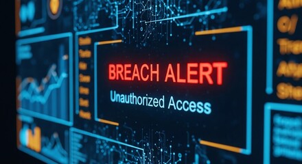 A breach alert on a computer screen with the words unauthorized access displayed, indicating a security threat and potential data compromise