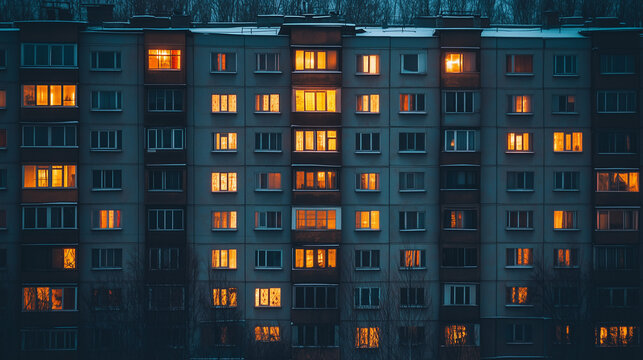 Illuminated apartment building at night in winter, warm glowing windows contrast with cold blue exterior and bare trees.