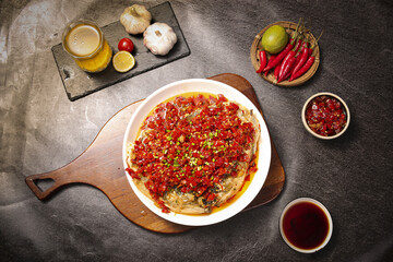 Steamed Fish Head with Chopped Red Peppers - Traditional Chinese Cuisine with Organic Ingredients