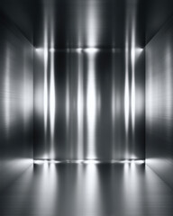 Abstract silver liquid metal background with vertical mirrored streaks and soft reflections