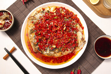 Chinese Steamed Fish Head with Chopped Red Peppers Traditional Spicy Dish