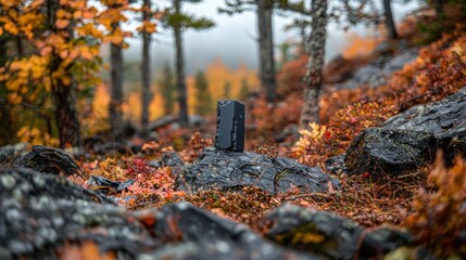 Obraz premium A black speaker on a rock in a forest.