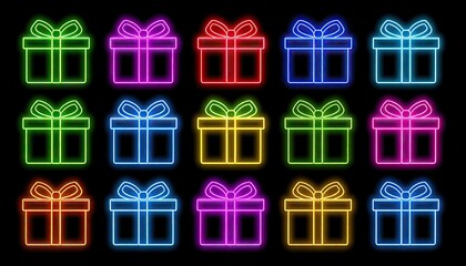 Collection of vibrant neon gift boxes glowing in various colors on a dark background.