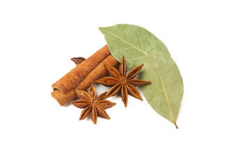 Cinnamon Sticks Star Anise Bay Leaf Spice Combination on White Background