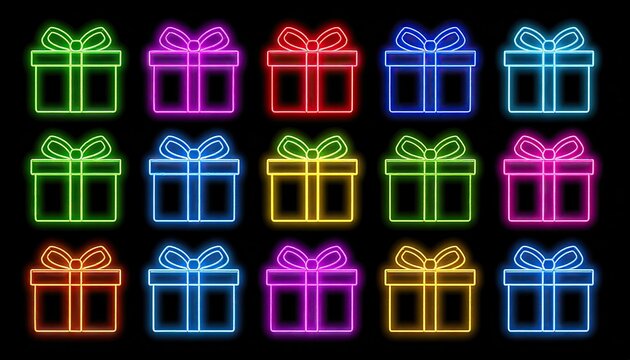 Collection of vibrant neon gift boxes glowing in various colors on a dark background.
