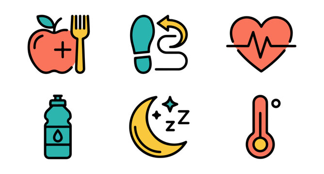 Health and wellness icons representing healthy lifestyle concepts - Powered by Adobe