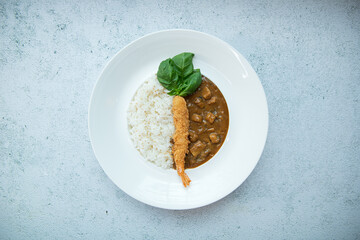 Japanese Curry Rice with Ebi Fry and Green Garnish