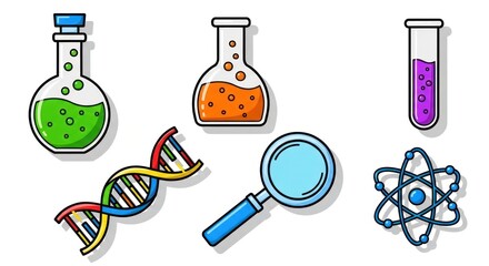 Colorful Science and Research Illustration featuring Laboratory Equipment and DNA Structure with