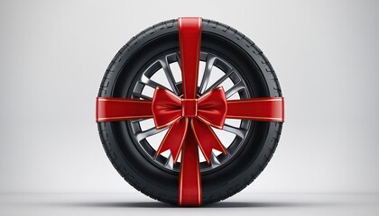 Car tire presented as a surprise gift with a red ribbon and bow.
