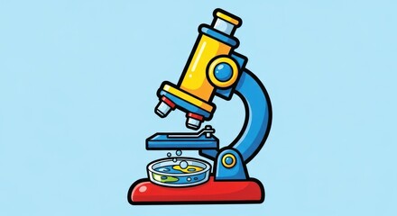 Colorful cartoon microscope illustration for educational and scientific concepts on light blue