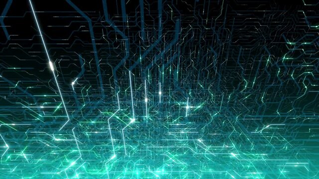 Inside of CPU central processor unit chip set. hi-tech digital data connection system. abstract futuristic tech motion background with circuit lines.