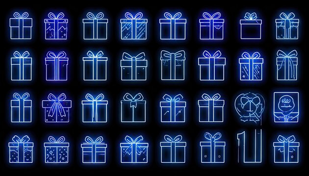 Collection of glowing blue neon gift box icons and abstract shapes on black background.