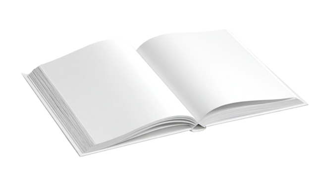 Blank open book or notebook with empty pages isolated on a white background for copy space and design document