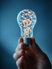 close up of hand holding abstract glowing circuit light bulb on blue background future innovation and solution concept no logos no brands ar 34