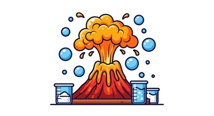 Cartoon Illustration of a Science Experiment with a Volcano Eruption Effect in a Laboratory