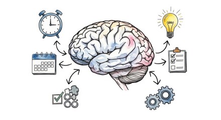 Conceptual human brain illustration depicts planning organizing and time management elements