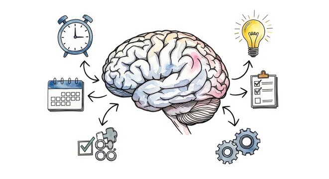 Conceptual human brain illustration depicts planning organizing and time management elements